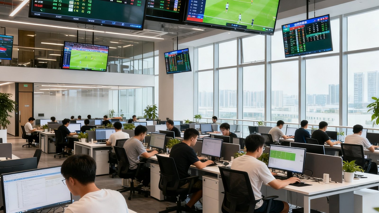 得球体育广州总部开放式办公区,四十余位员工在宽敞明亮的空间里专注工作,墙上悬挂着多个显示屏实时播放赛事数据